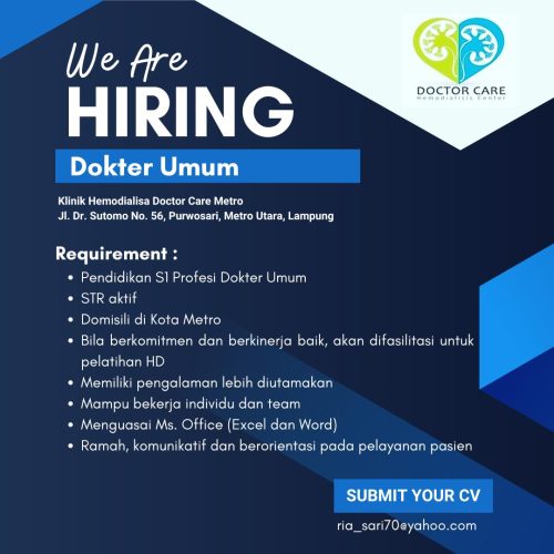 Lowongan Kerja Dokter Umum di Klinik Hemodialisa Doctor Care Metro